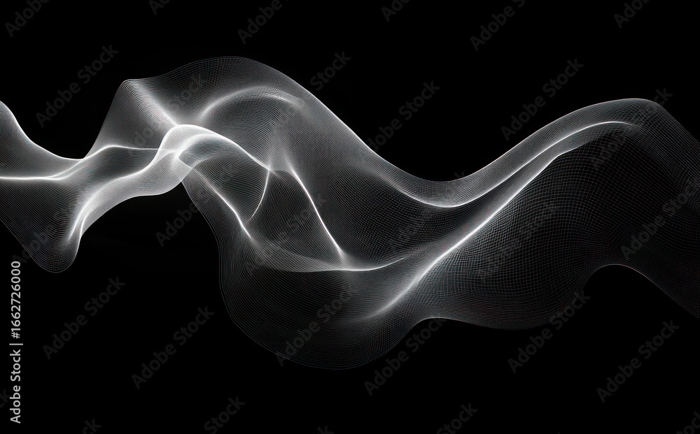 Poster white translucent mesh wave flowing gracefully against a black background conveying fluidity and lig