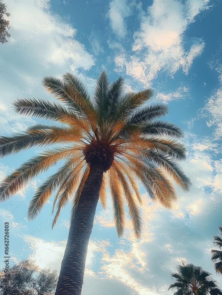 Poster tall palm tree reaching towards a partly cloudy sky with sunlight illuminating the fronds creating a