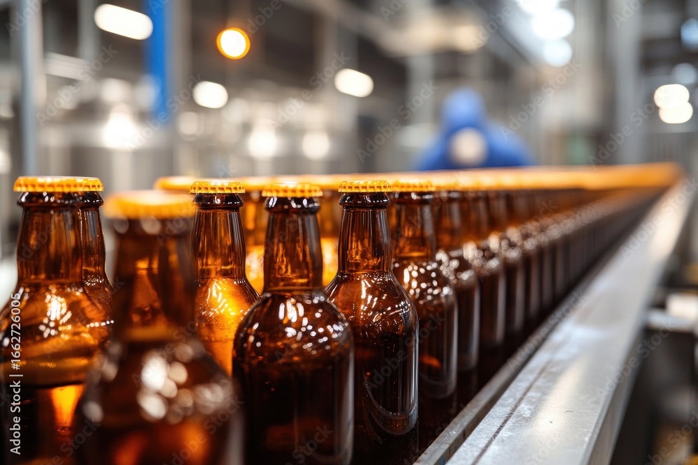Poster row of amber glass bottles with yellow caps on a bottling production line in a factory setting with 