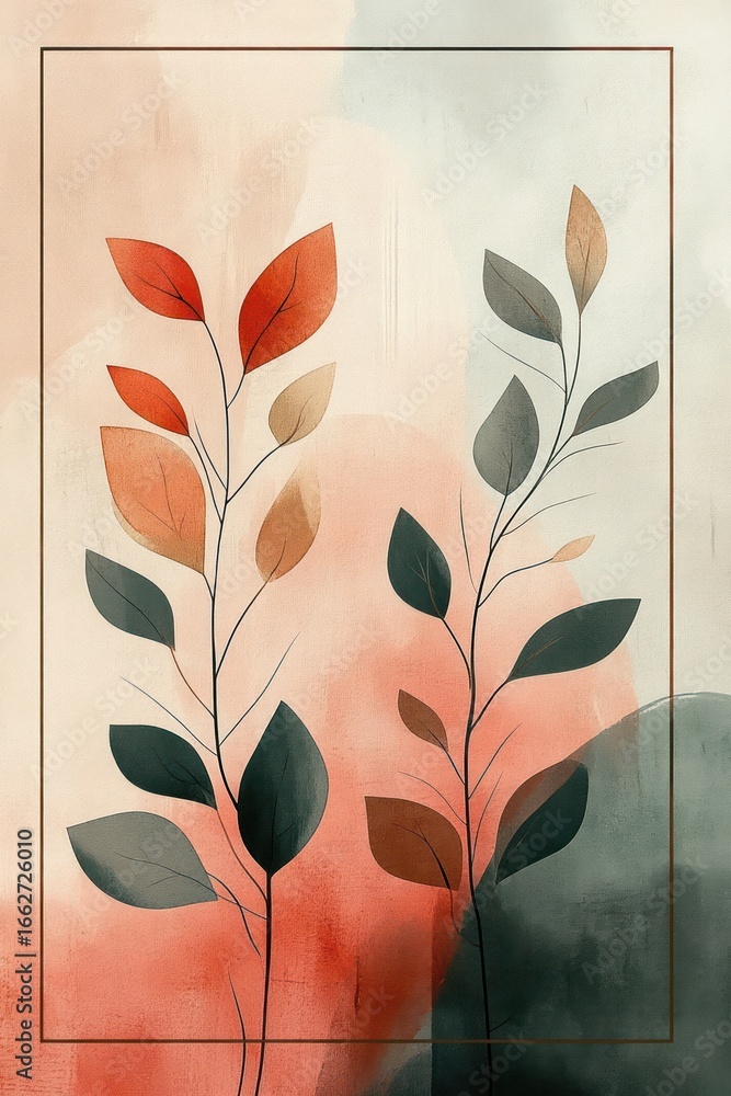 Poster abstract botanical illustration of two slender branches with varying colored leaves in warm and mute