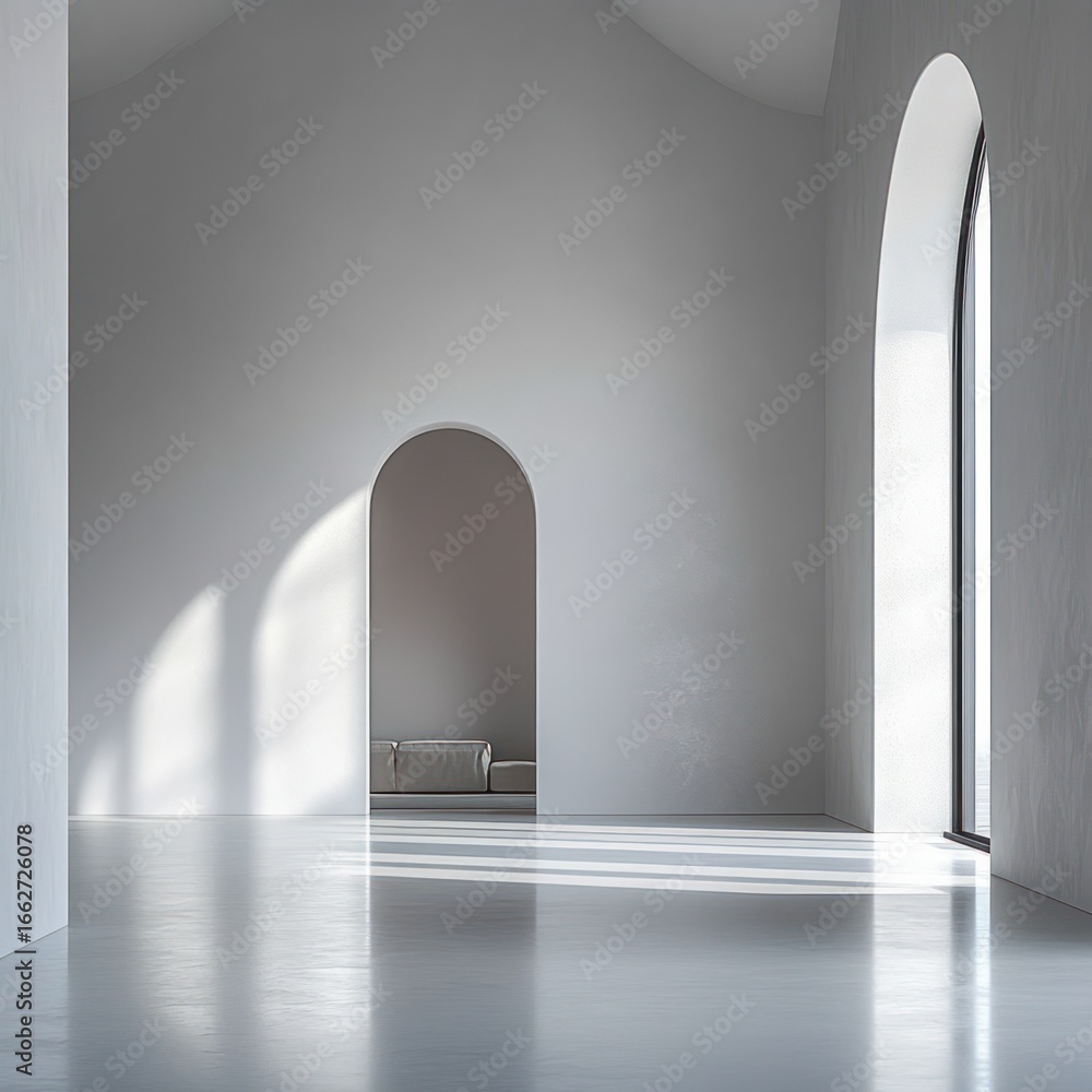 Poster minimalist spacious room with soft natural light casting shadows through tall arched windows and a s