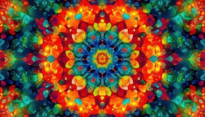 Obraz premium Vibrant symmetrical mandala with intricate floral and leaf patterns in bold colors of red, orange, blue, teal, and green evoking energy and harmony