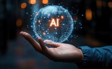 Human hand holding a glowing digital sphere with futuristic technology elements and the letters AI illuminated inside, representing artificial intelligence innovation