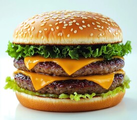 Close-up of a double cheeseburger with two beef patties, melted cheddar cheese, fresh green lettuce, all inside a sesame seed bun