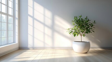 Small green plant in a white round pot placed on a light wooden floor near a large window with sunlight casting shadows on a plain white wall