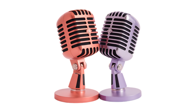 A Pair of Retro-Style Condenser Microphones in Rose Gold and Lavender isolated on white background , cutout