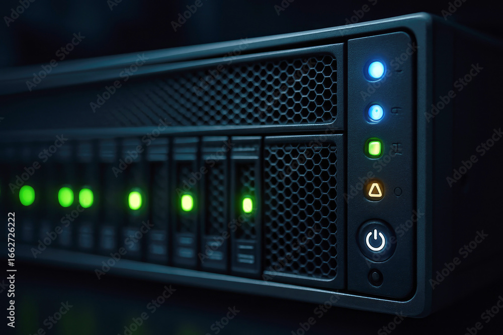Aufkleber server rack with illuminated blue green and orange indicator lights and power button keywords: serve