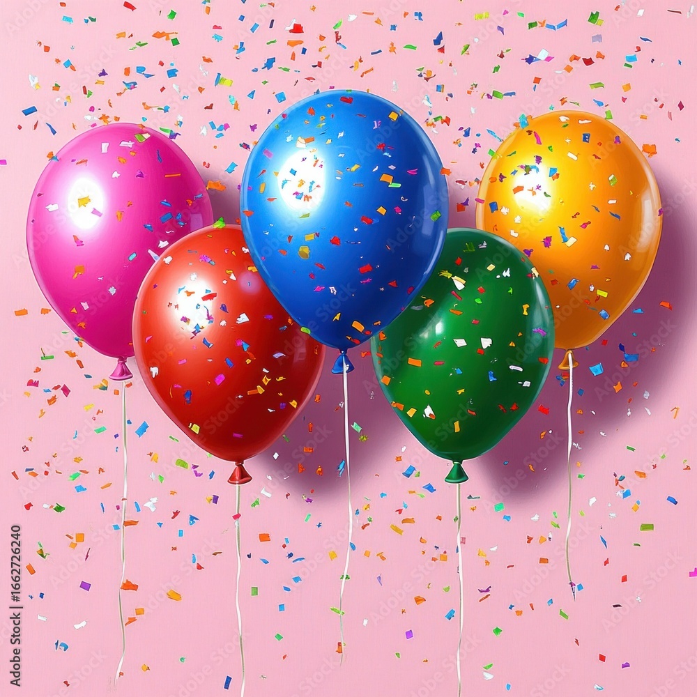 Poster Five colorful balloons with various vibrant colors floating against a pink background with multicolored confetti falling around them giving a festive and joyful atmosphere