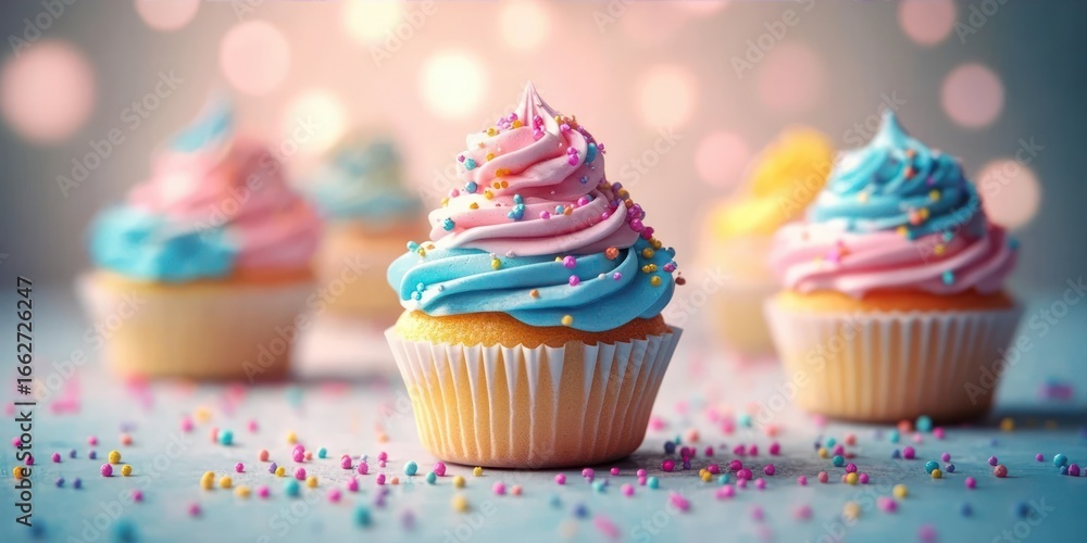 Poster colorful cupcakes with swirled pink and blue frosting topped with multicolored sprinkles on a light 