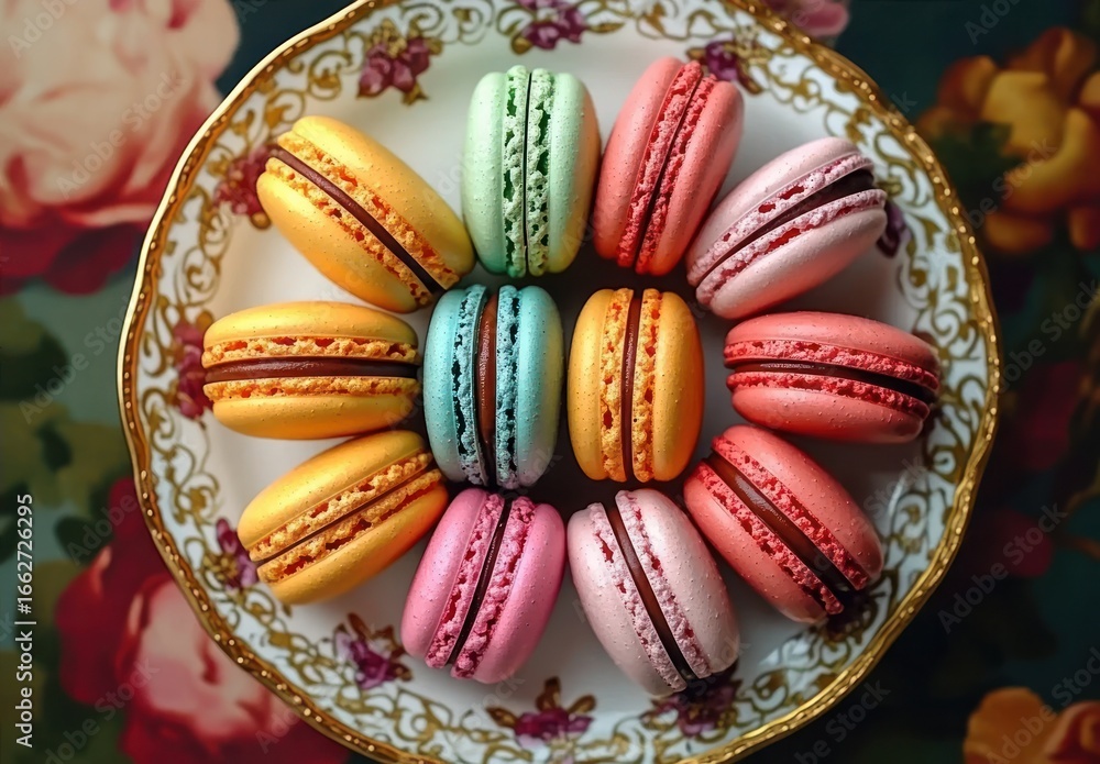 Poster colorful assorted macarons arranged in a circular pattern on an ornate floral patterned plate, evoki