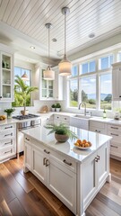 Bright and spacious modern luxury kitchen interior design with white cabinets, island, and large windows flooding the space with natural light, creating an elegant and inviting atmosphere for cooking 