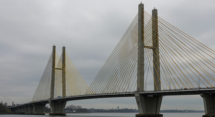 Fototapeta premium A modern cable-stayed bridge with yellow cables and concrete towers on a calm, gray day.
