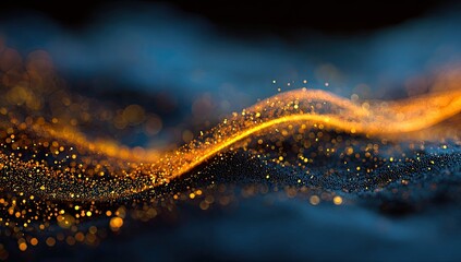 Abstract digital design with glowing orange-yellow particles flowing over a dark blue-gray surface