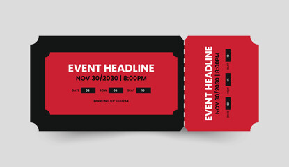 Modern red and black ticket design for events concerts and shows with placeholder text