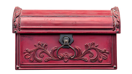 Close up of a red ornate box with a metal latch and floral designs on a white background