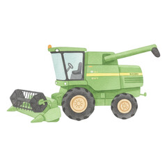 Obraz premium Green combine harvester with wide cutting head and large wheels isolate