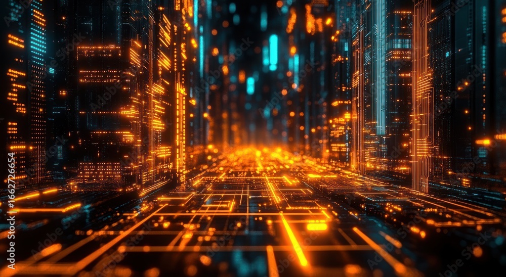 Poster futuristic digital cityscape with glowing orange and blue lights forming abstract high-tech architec