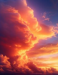 Vibrant sunset sky with dramatic towering clouds illuminated in bright orange, pink, and purple hues conveying a peaceful and awe-inspiring atmosphere