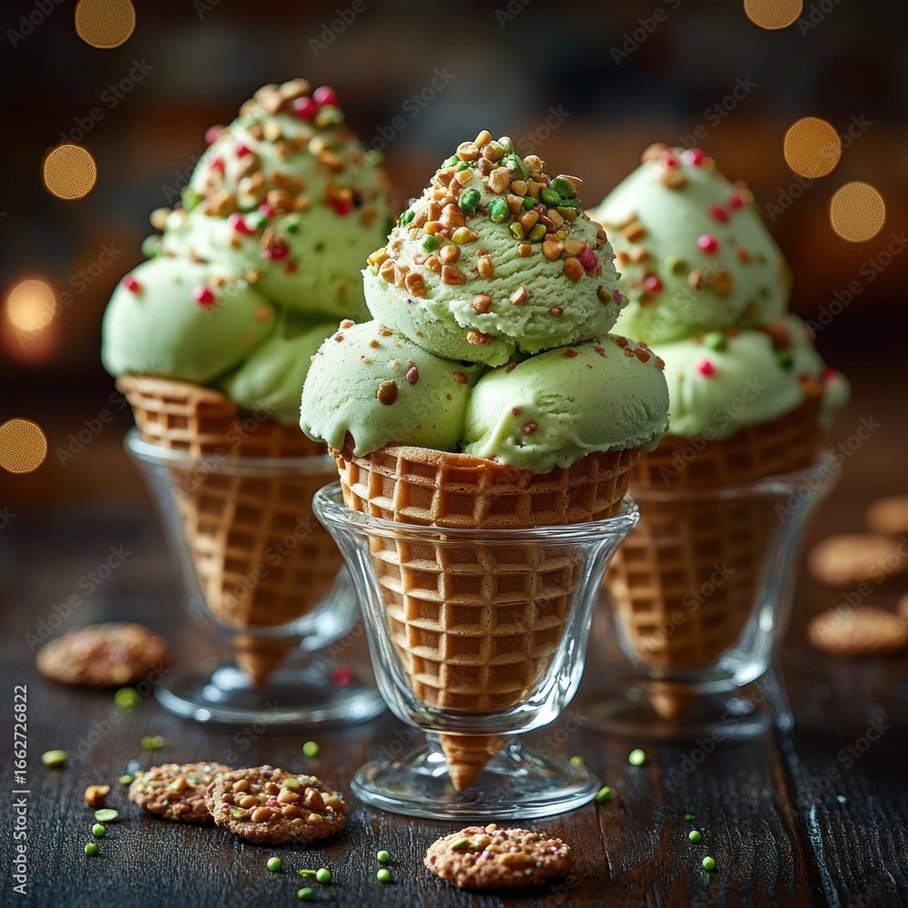 Poster three waffle cones filled with green pistachio ice cream scoops topped with colorful candy sprinkles
