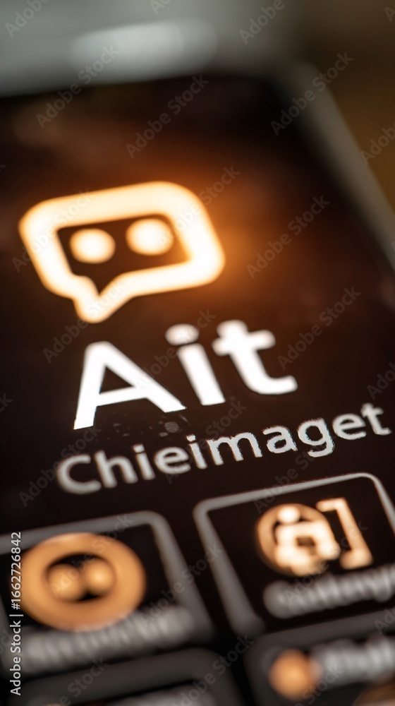 Poster close-up of chatbot interface on a smartphone screen with glowing ai icons, futuristic ui design, st