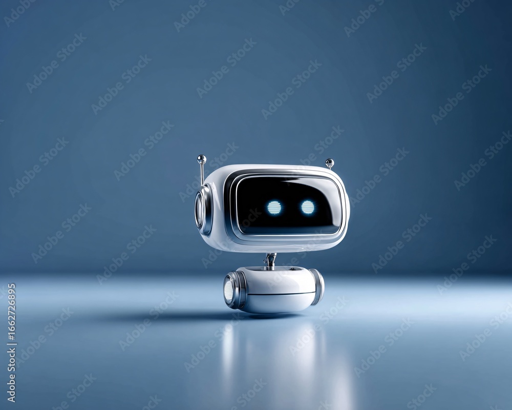 Poster minimalistic chatbot head icon glowing over a smooth gradient background, simple and elegant design,