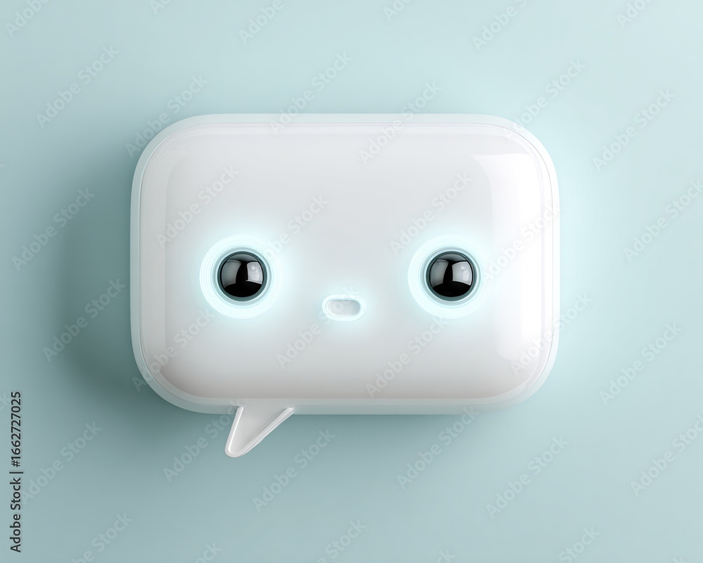 Poster minimalistic chatbot head icon glowing over a smooth gradient background, simple and elegant design,