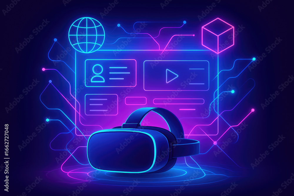 Poster vr headset with neon glowing interface displaying user profile and media player virtual reality tech