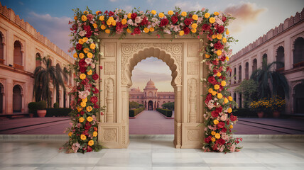 Fototapeta premium Luxurious Golden Sandstone Courtyard Arch Floral Backdrop with Marigolds, Roses, Bougainvillea, and Palace Wall Mural in Sunset Glow