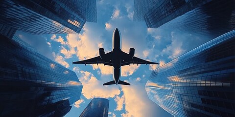 Airplane flying overhead between tall modern glass skyscrapers against a bright sky with scattered clouds