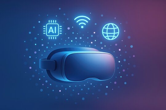 VR headset with AI chip, Wi Fi, and globe icons on a futuristic digital background virtual reality - Powered by Adobe