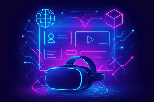 VR headset with neon glowing interface displaying user profile and media player virtual reality technology