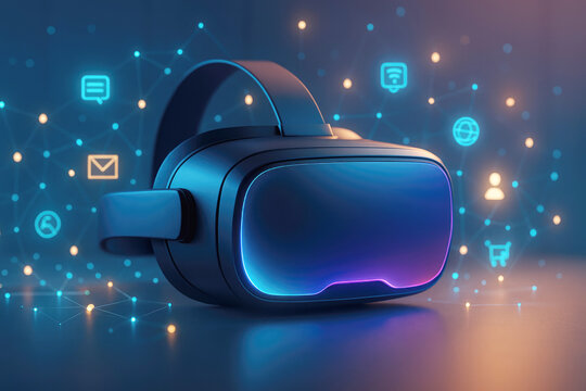 VR headset with various digital icons and network connections on a futuristic background virtual reality