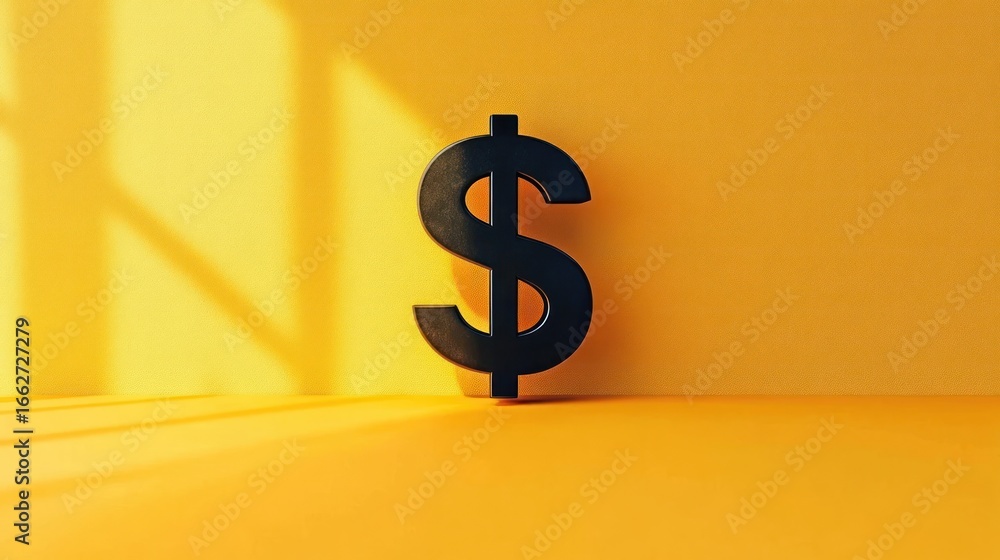 Poster black dollar sign symbol standing upright casting shadow on bright yellow background with soft natur