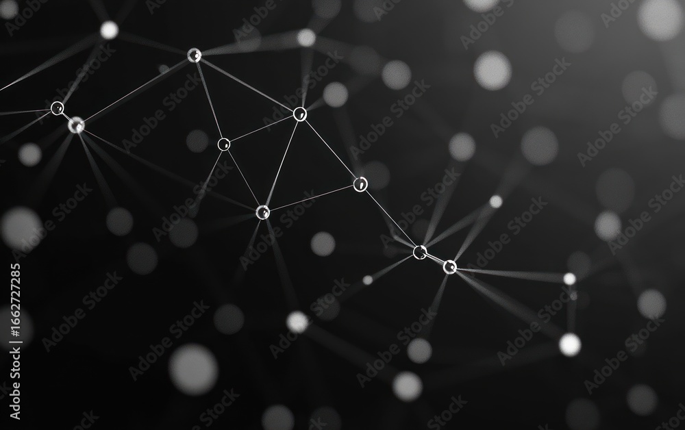 Poster abstract black and white network of interconnected dots and lines forming a geometric mesh with a bl