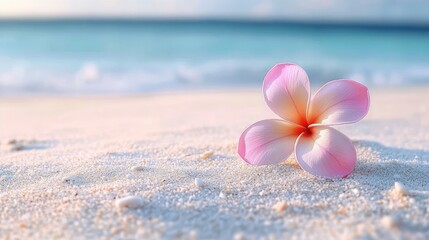 Single pink and white flower resting on fine sandy beach with calm ocean and blue sky in soft natural light