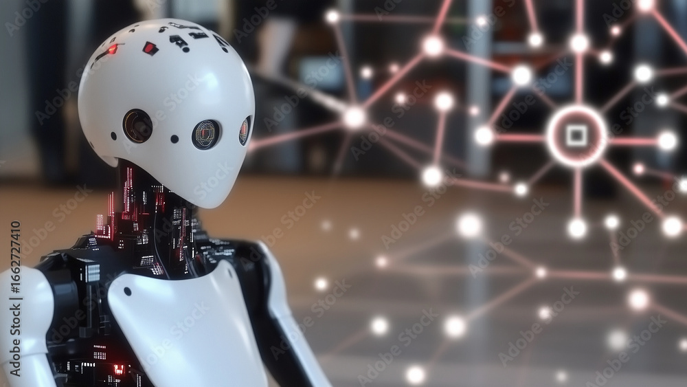 Poster futuristic humanoid robot interacting with a glowing digital network, symbolizing artificial intelli