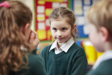 Obraz premium Pupils friends teasing a pupil alone primary school