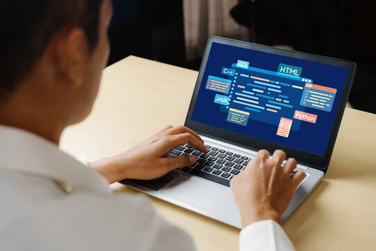 Software development or programming work with coding screen of various programming languages like HTML, , , and C brisk for new application development
