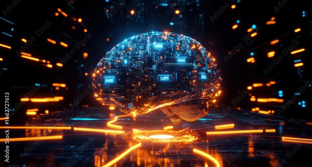 Aufkleber futuristic glowing digital brain composed of circuits and data nodes floating above illuminated plat
