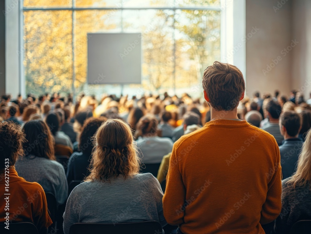 Poster audience seated indoors facing a large blank screen in a bright room with large windows showing autu