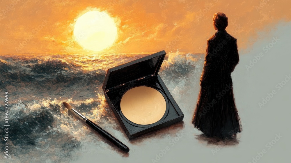 Poster surreal scene of a person standing on a shore near an open makeup compact and brush with waves and a