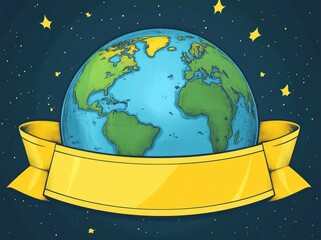 Illustration of Earth with continents visible surrounded by stars and a large blank yellow ribbon banner below it