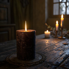 front view of dark candle lighting on dark surface