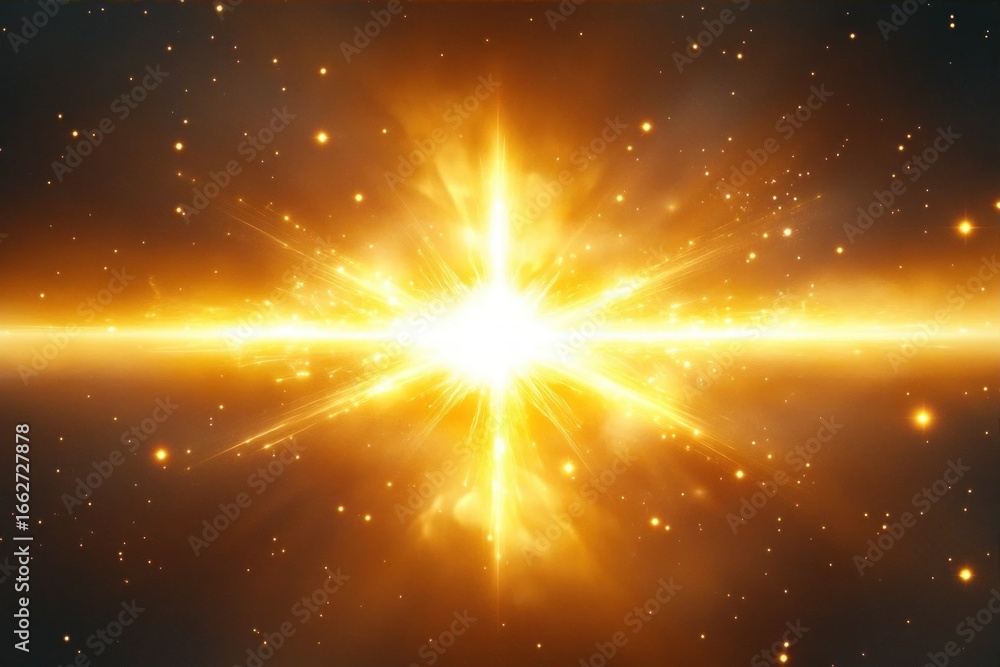 Poster bright golden starburst with radiant light beams and glowing particles on dark background creating a