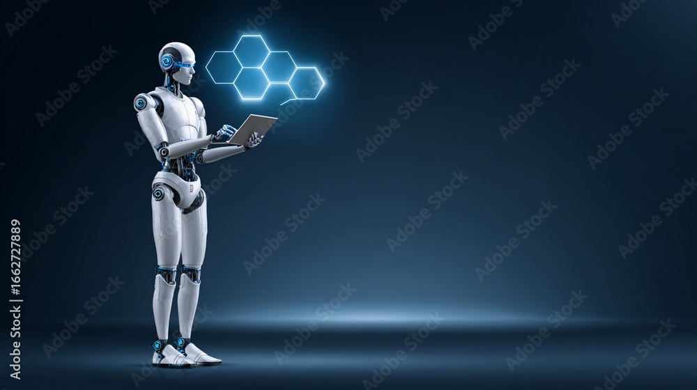 Poster digital assistant chatbot represented by glowing hexagonal patterns, futuristic artificial intellige