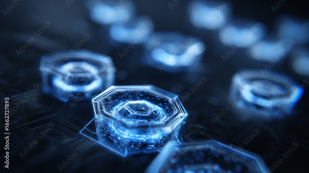 Poster digital assistant chatbot represented by glowing hexagonal patterns, futuristic artificial intellige