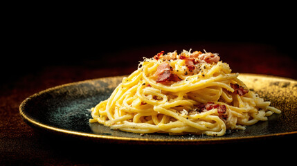 Golden spaghetti carbonara with pancetta and cheese in warm amber tones, expertly styled in a soft Italian dining atmosphere.