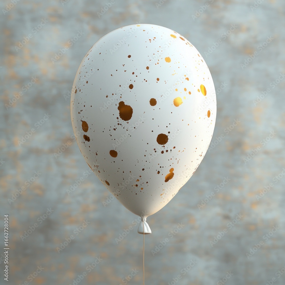 Poster white balloon with golden paint splatters floating against a soft textured background