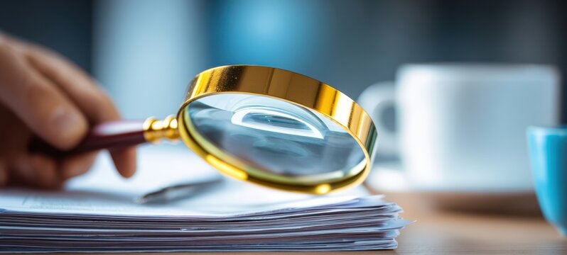 The magnifying glass highlighting important details on a workspace table.