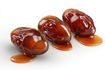 Three glazed dried fruit pieces are isolated against a stark white background with liquid underneath.